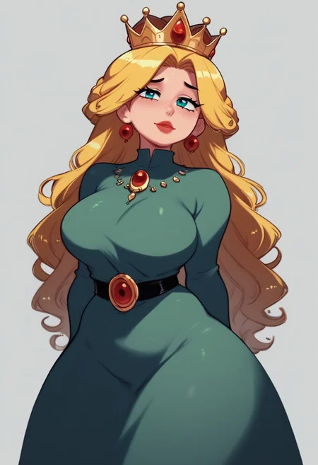 1girl, solo, <lora:Queen ElinorPDXL_v1:1>Queen ElinorPDXL, green dress, crown, milf, mature woman,, <lora:J_cartoon:1> j_cartoon<lora:Expressive_H:0.8> ExpressiveH<lora:CitronAnimeTreasure:0.3><lora:LunarCAT_Style:0.3> score_9, score_8_up, score_7_up,