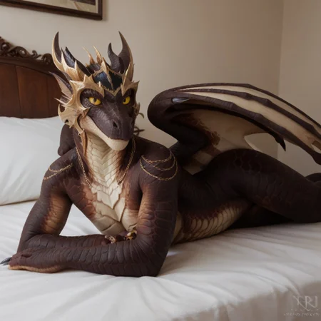 score_9, score_8_up, score_7_up, score_6_up, score_5_up, score_4_up, masterpiece, high quality, realistic, detailed, best quality, white bed, solo, rating_safe, source_furry, bedroom, smiling, seductive, looking at viewer, lying on belly, anthro, detailed eyes, detailed face, good_hands, emberthal_wc, dracthyr, dragon, black scales, wings, horns, tail, hands, female, 1girl, anthro, (yellow sclera, black pupils)