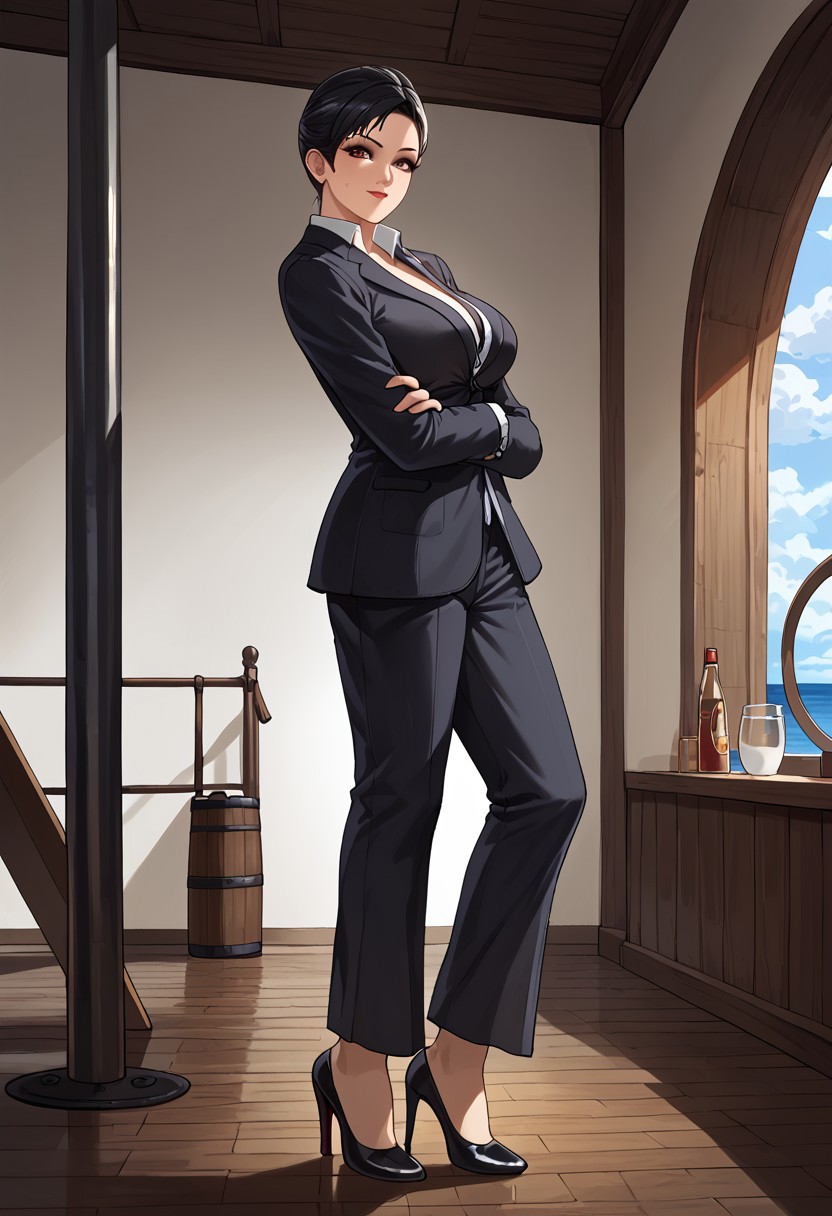 score_9, score_8_up, score_7_up, Balancing on the edge of a sailboat, she revels in the exhilaration of the open sea and wind in her hair, <lora:Miyako_Dead_or_Alive:0.7> myk-doa, 1girl, solo, black hair, large breasts, brown eyes, formal suit, looking at viewer, high heels, makeup