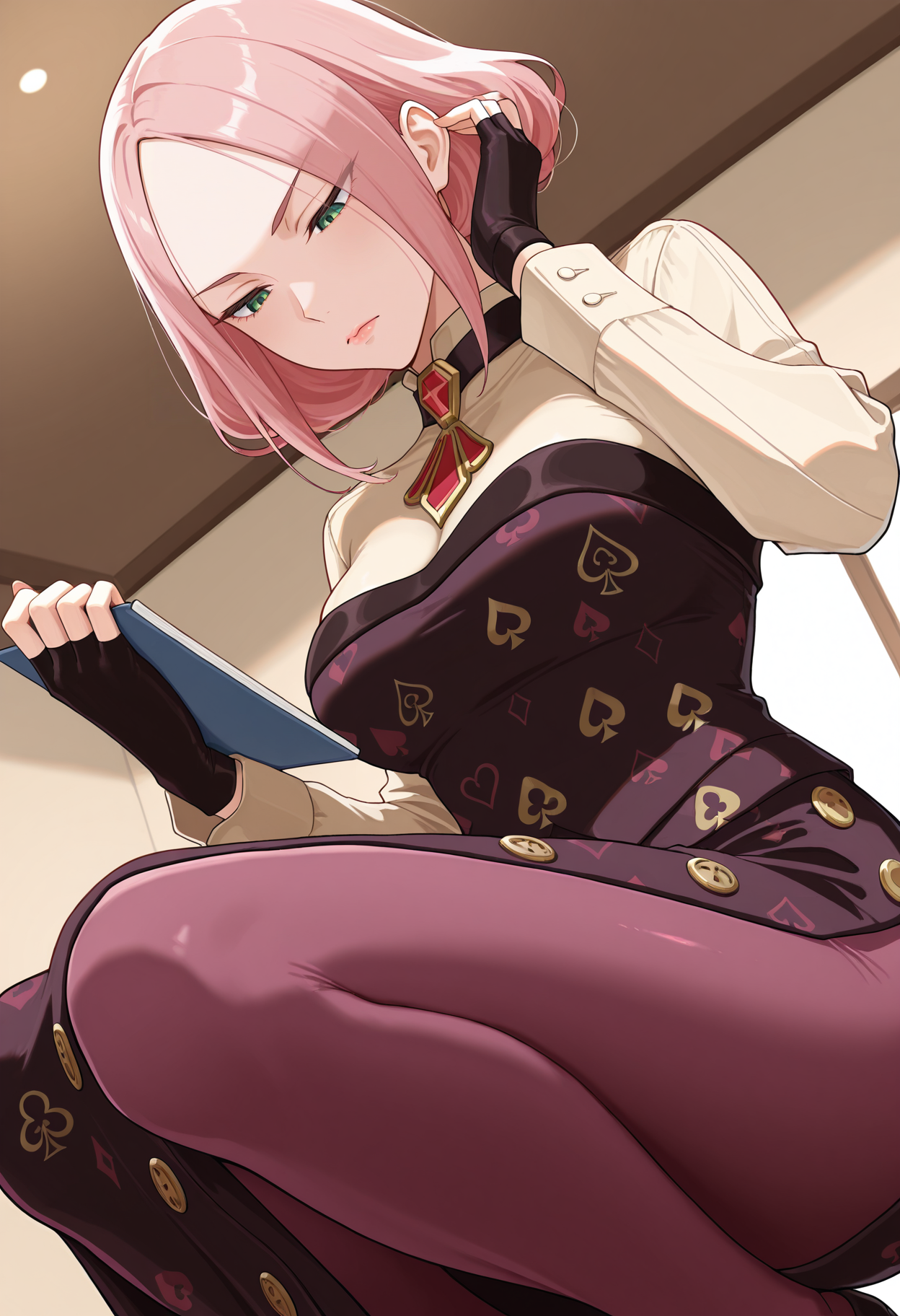 highres, best quality, masterpiece, indoors,
1girl, solo, mst3htls, short hair, pink hair, green eyes, mature female, lips,
beige shirt, collared shirt, red ascot, long sleeves, strapless dress, black shirt, shirt under shirt, black dress, purple dress, print dress, playing card print, club \(shape\), spade \(shape\), heart, diamond \(shape\), buttons, side slit, black gloves, fingerless gloves, purple pantyhose,
looking down, serious,
squatting, dutch angle, holding notepad, from below, hand in own hair, 
<lora:_heartless_megaman_sf3-elesico-ilxlA:1>