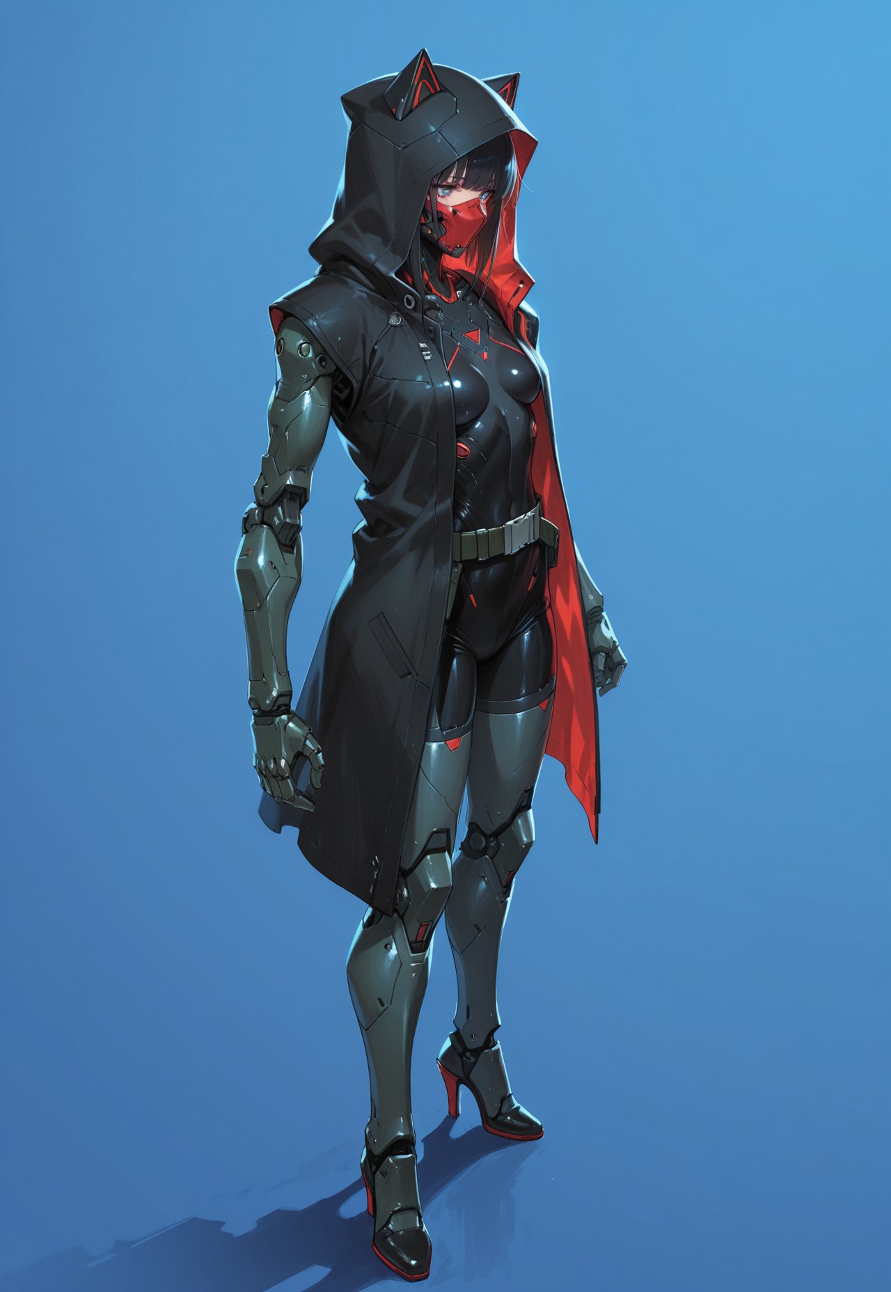 absurdres, masterpiece, best quality, very aesthetic, HDR, 8K, ultra-detailed, anime, 748cmstyle, simple background, full body, standing, from above, cyberpunk, cyber city, 

1girl, FelinaFo, solo, cyborg, mask, hood up, hooded cloak, mechanical arms, belt, mechanical legs, high heels, shiny skin, dominant female, (skinny), 

