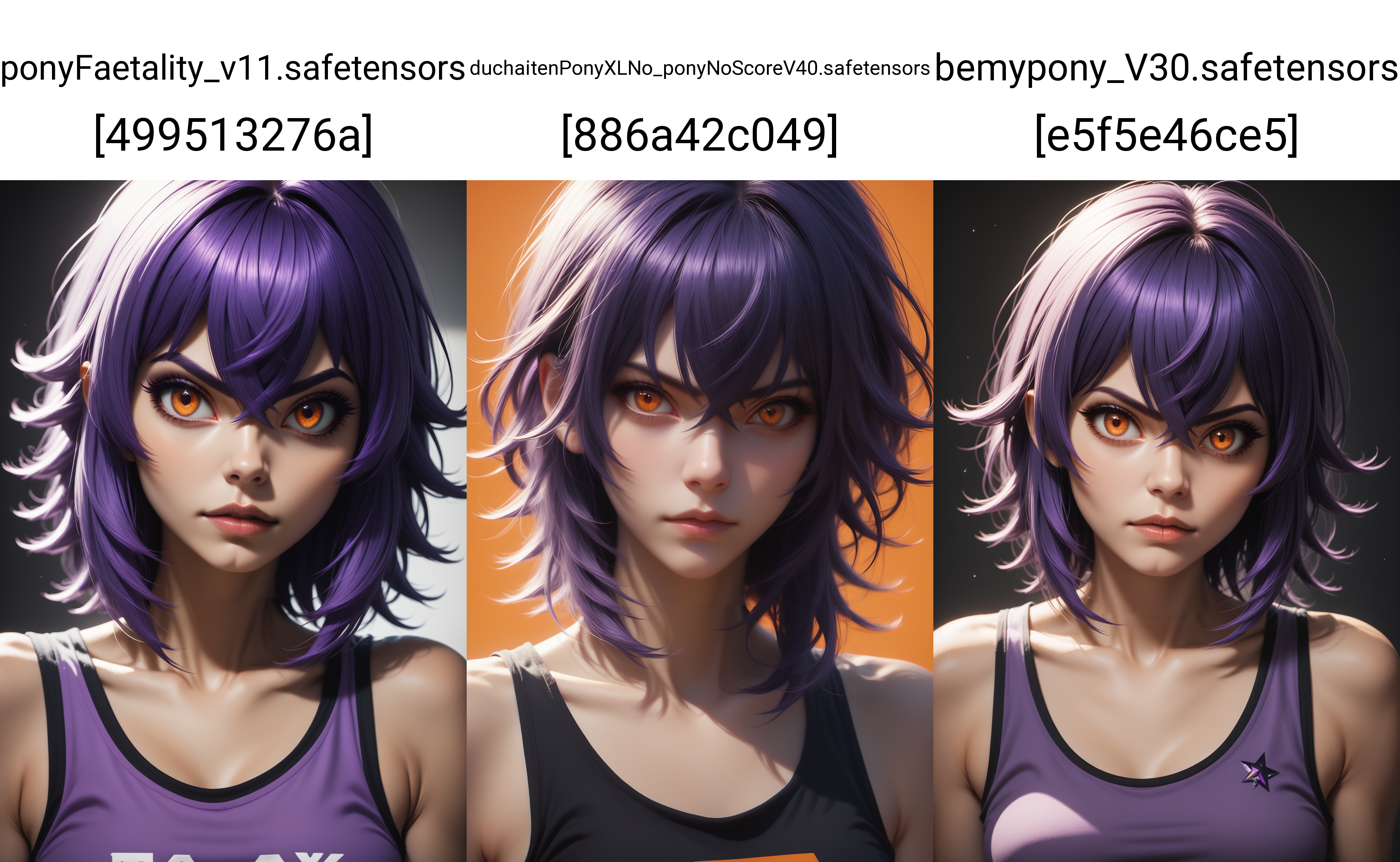 score_9, score_8_up, score_7_up,
1girl, solo, tank top, rating_safe,
 <lora:Dark_Amethyst_Pony_v0.1:0.5> d4rk4m3thyst, orange eyes, purple crossed bangs,