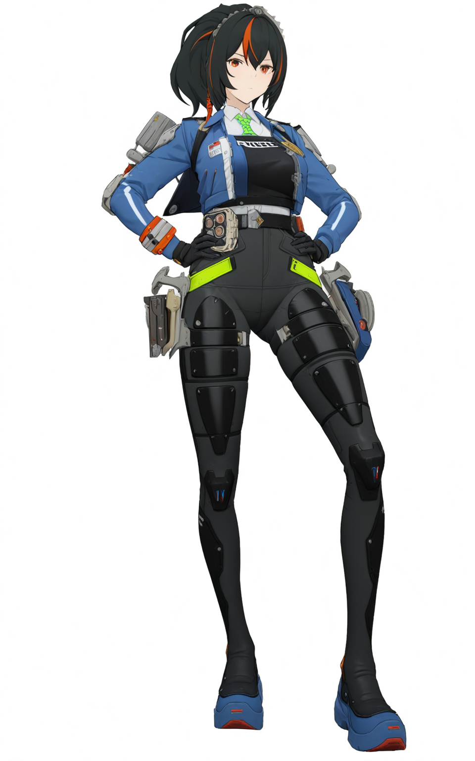 8k, best quality, masterpiece, (ultra-detailed), (high detailed skin), (white background:1.3), 
(full body:1.25), ( white background:1.3), standing, looking at viewer, (solo:1.3), hands on hips, completely white background, 
<lora:zhuyuan-a3-Tanger-000014:0.8>, zhuyuan, default clothes, Police combat uniforms, 1girl, multicolored hair, black hair, blue jacket, gloves, streaked hair, 
(beautiful_face), ((intricate_detail)), clear face, 
((finely_detailed)), fine_fabric_emphasis, 
((glossy)), full_shot,
