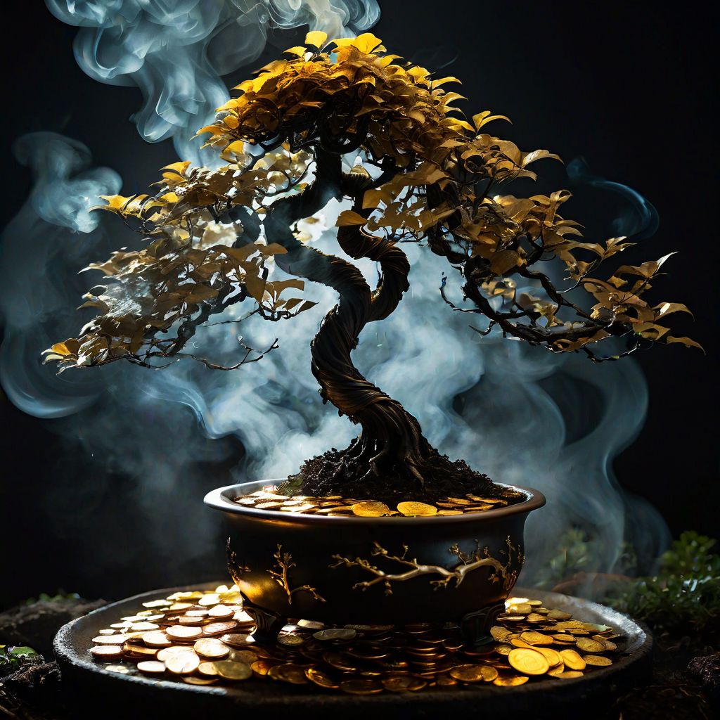 dark bonsai tree, twisted silhouette, leprechaun, pot of gold, moonlight filtering through branches, gold coins leaves, glowing pot, wisps of smoke, eerie, mysterious, detailed, cinematic lighting