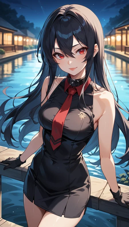 score_9, score_8_up, score_7_up, Anime Style, Cowboy Shot, Akame ga Kill!, cute, seductive, innocent, light smile:0.3, plump lips, slender body, very long black hair, red eyes, black dress, sleeveless, detailed white collar, black skirt, red and black gloves, long red tie, ultrahigh resolution textures, bokeh, moonlight passing through hair night, lake background, depth of field, dynamic angle, fashion photography, sharp, hyperdetailed:1.15