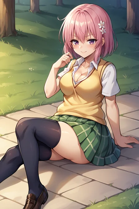 score_9, score_8_up, source_anime, BREAK 1girl <lora:tlrmomo-pdxl-nvwls-v1-000007:1> tlrmomo, pink hair, hair flower, yellow sweater vest, white shirt, short sleeves, green miniskirt, black thighhighs, loafers, sitting, on ground, shirt pull, cleavage, smirk