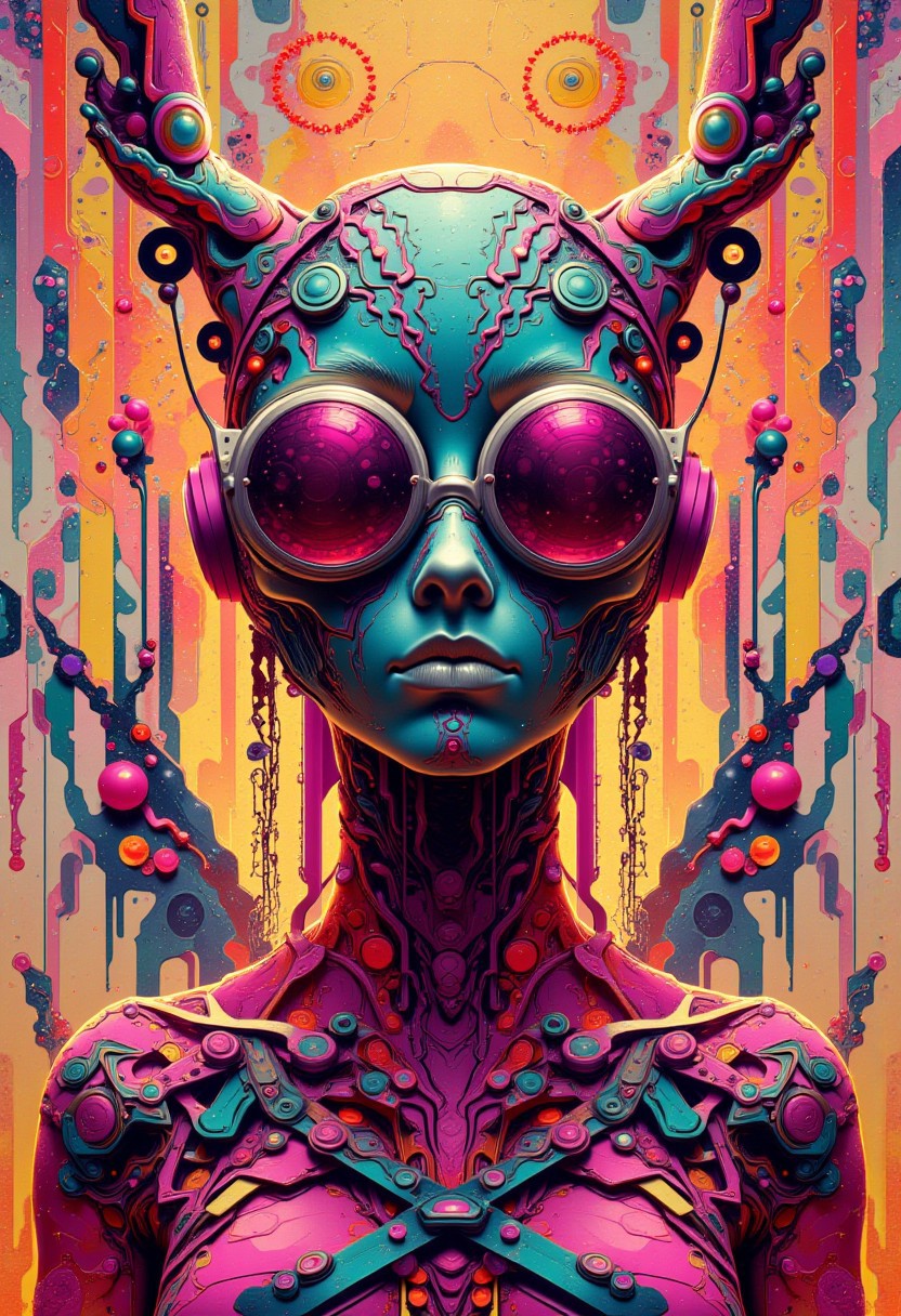 A beautiful blonde crowd, and digital artwork by Beksinski, photo taken on hasselblad, futuristic outfit dress, ultra HD photography of a surrealist psychedelic malformed creature , still from alita, japanese art, cinq terre, ryan meinerding, surreal photo,  house in patterns appears detailed, abstract, still from alita, japanese art, cinq terre, ryan meinerding, photo taken on hasselblad, cameron, flat surrealism, ultra detailed, cell shaded, 8k. The composition includes overlapping circles, sharp-edged polygons, and fluid lines, all interwoven to create a sense of rhythm and flow.,
lot of brown color, pink color, blue color, little of black color, very little of red color
