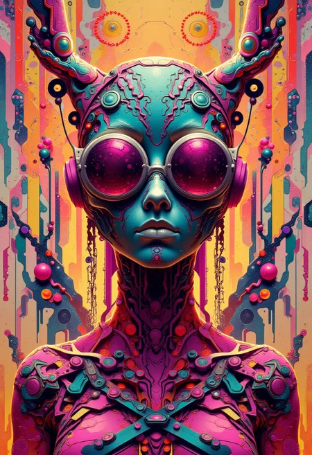 A beautiful blonde crowd, and digital artwork by Beksinski, photo taken on hasselblad, futuristic outfit dress, ultra HD photography of a surrealist psychedelic malformed creature , still from alita, japanese art, cinq terre, ryan meinerding, surreal photo,  house in patterns appears detailed, abstract, still from alita, japanese art, cinq terre, ryan meinerding, photo taken on hasselblad, cameron, flat surrealism, ultra detailed, cell shaded, 8k. The composition includes overlapping circles, sharp-edged polygons, and fluid lines, all interwoven to create a sense of rhythm and flow.,
lot of brown color, pink color, blue color, little of black color, very little of red color
