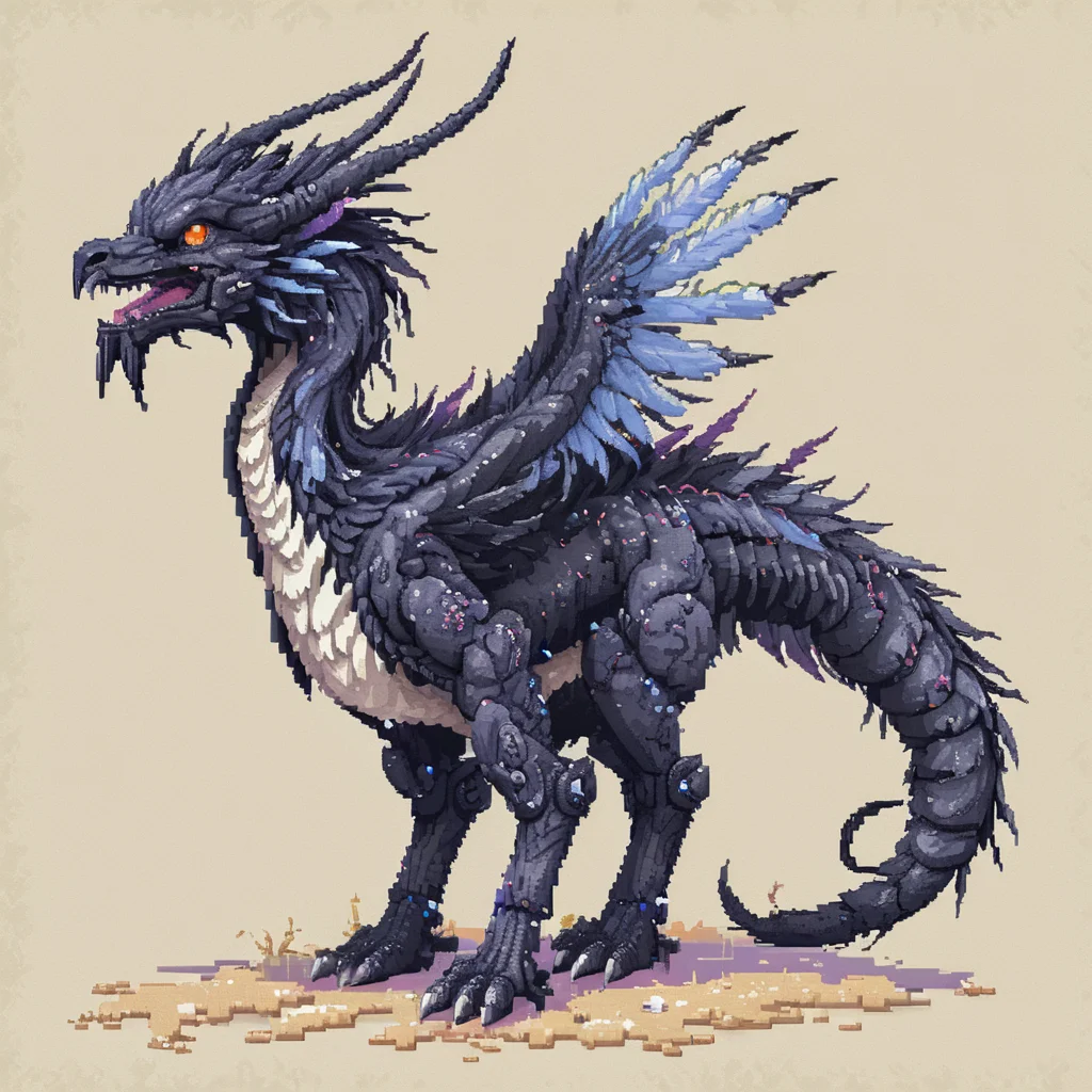 Organic obsidian air asian quadrupedal Wyrm, feathered
ArsMJStylePony, Pixel Art, fewP, 8bit, Pixelated <lora:ArsMJStyleSDXL_-_Pixel_Art:1>
