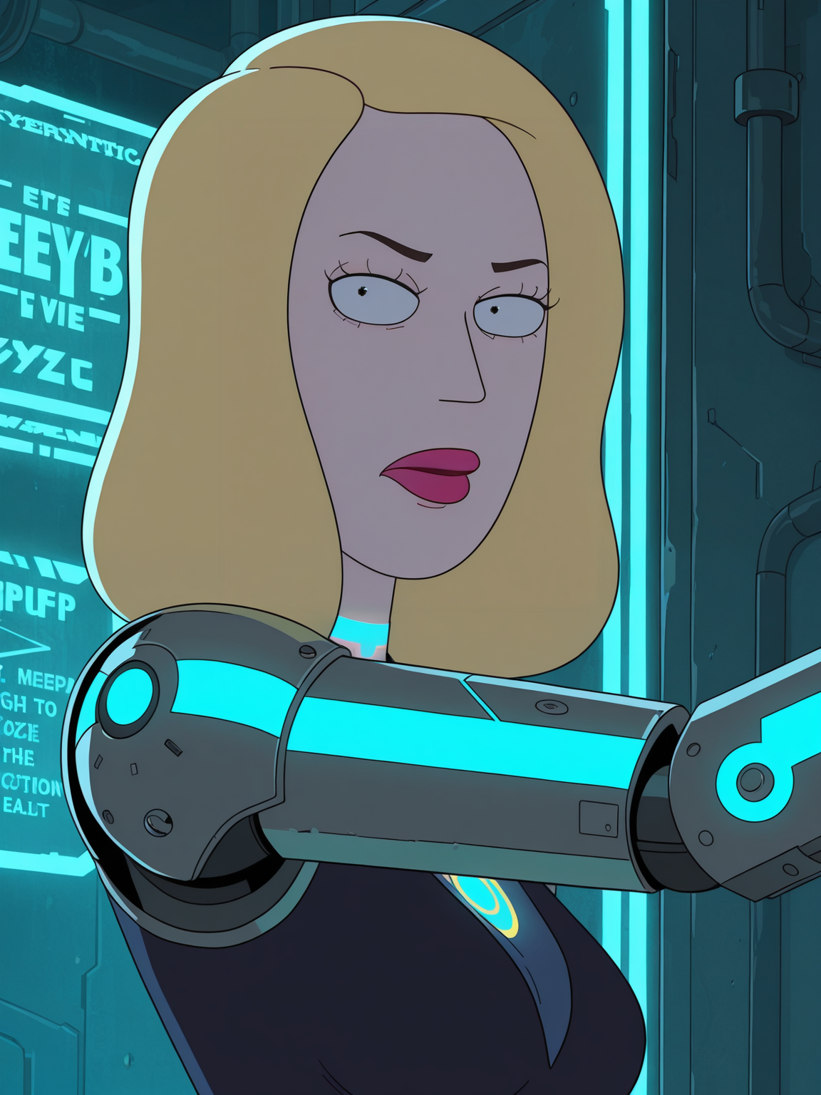 <lora:Beth_SmithIL:1> b_s, 1girl, blonde hair, pupils black dots, red lips, black eyes,
looking at viewer, cyberpunk, augmentations, prosthetic, metal arm, GLOWING CYBERNETIC EYE,difficult background, at night, dynamic pose, upper body