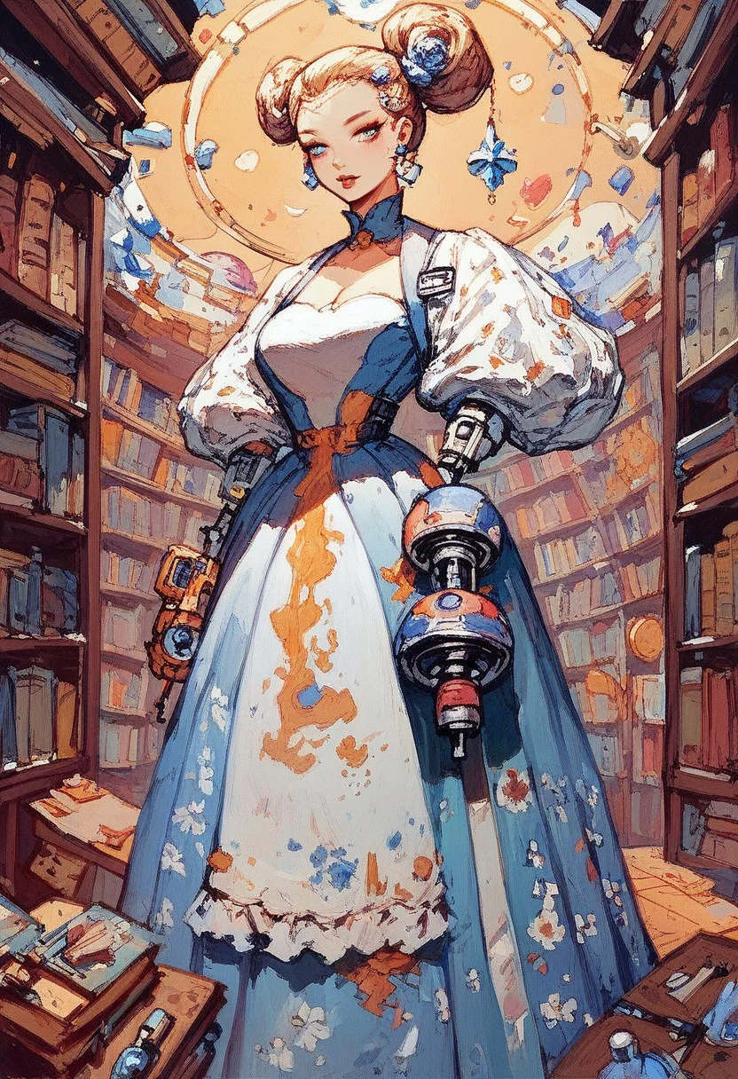 score_9, score_8_up, score_7_up, score_6_up, wide shot, gorgeous woman, librarian, 1girl, mechanical parts, renaisance dress, insane library,
in the style of kim-jjung gi,
, oil painting by norman rockwell .
