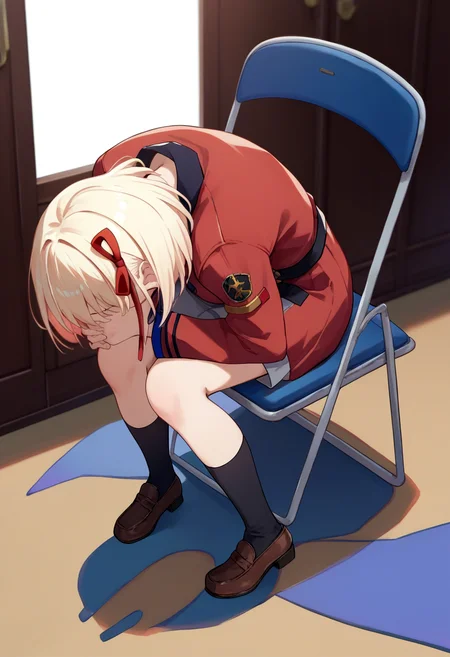 score_9, score_8_up, score_7_up, source_anime, solo, 1girl, nishikigi chisato, lycoris recoil, shinjichair, sitting, head down, chair, bob cut, hair ribbon, lycoris uniform, red dress, grey dress, black socks, loafers <lora:concept_shinjichair_ponyXL:1>