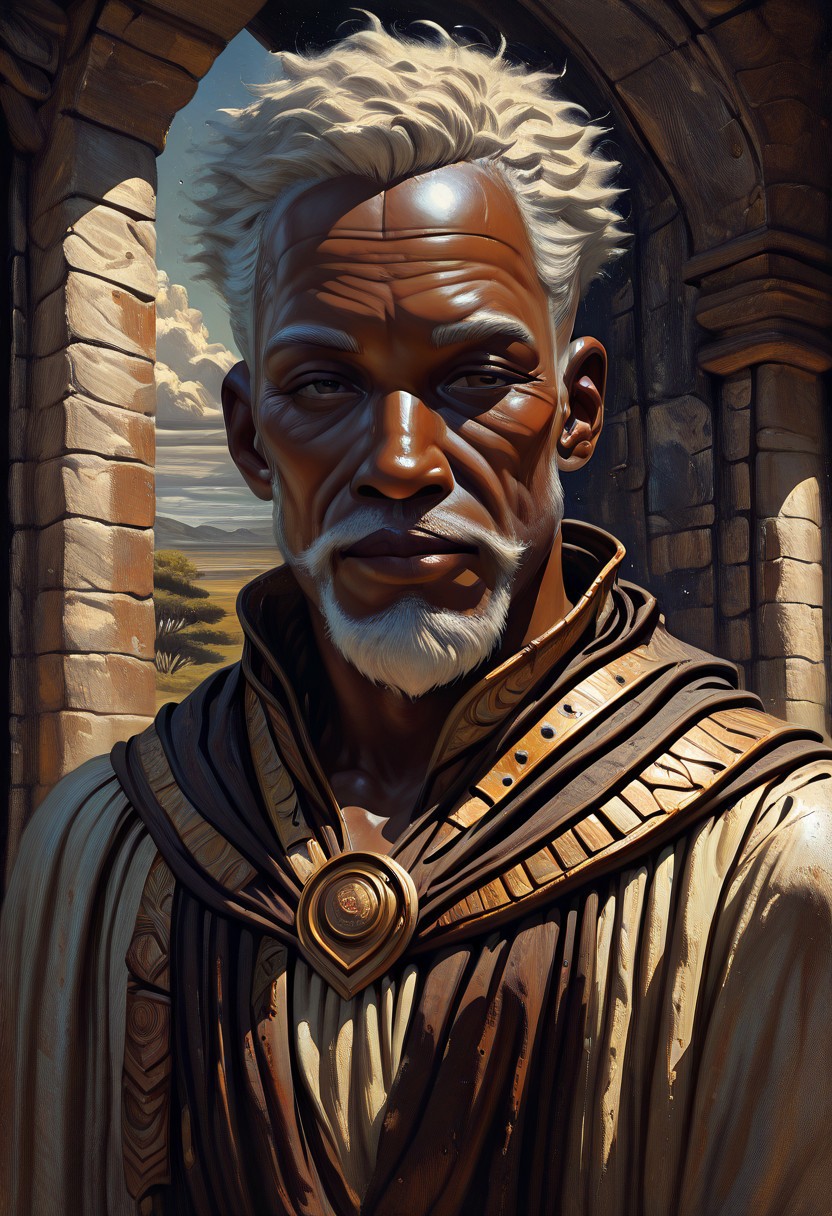 masterpiece, best quality, newest, absurdres, highres, oil painting, detailed face, 1boy, Illustratedafricanfemale, dark-skinned male, african male, african, old man, old, wrinkles, winkly face, dredlocks, white hair