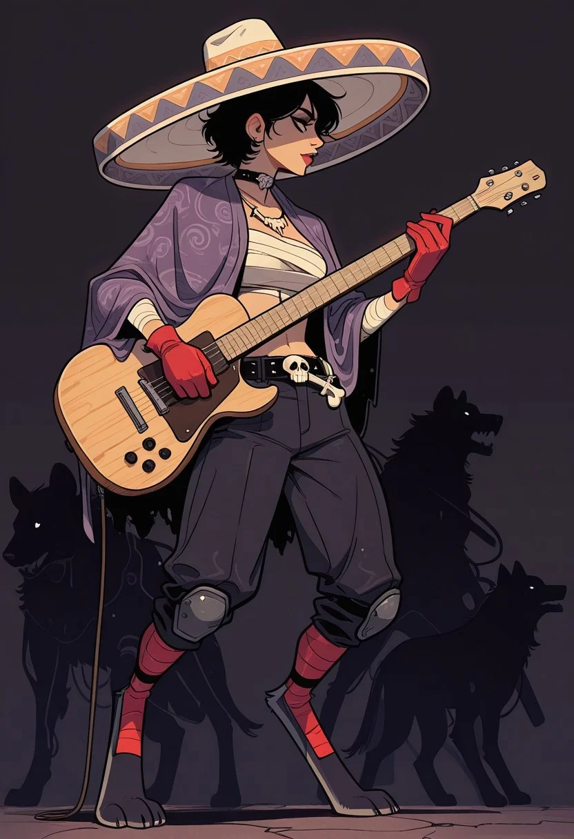 score_9, score_8_up, score_7_up, masterpiece, best quality, very aesthetic, detailed face, (dynamic:1.1), incoth, (incase:0.6), partial illumination, thick linework, illustration, anthropomorphic hyena, wearing mariachi outfit, red gloves, bone skull candy choker, bone necklace, bone poncho, skull belt, long sombrero with attachment purple puffs, digitigrade legs, bandaged wrapped chest, savage fangs, white eyes, holding wooden guitar, in aggressive pose, playing music on moonlit street, inspired by Ash Thorp, Simon Stalenhag, and Loish, with dramatic composition, deep shadows, backlighting, and mystical aura., cyberpunk aesthetic, side profile pose with silhouette, dramatic contrast, ultra sharp details, photorealistic quality, 48K resolution, rich detailing --chaos 16 --ar 9:16 --style raw --personalize c84qxg1 --stylize 300 --v 6.1