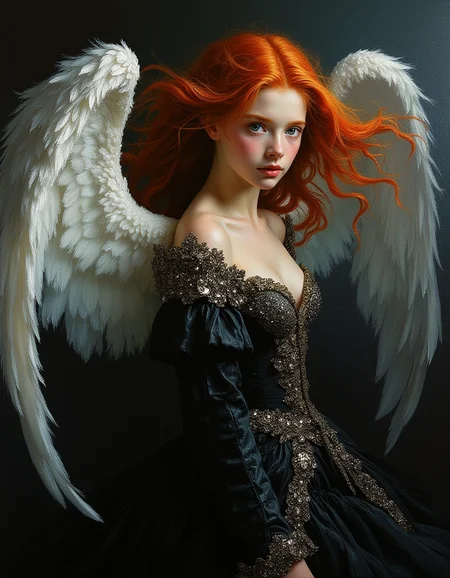 masterpiece, high quality, Oil Painting, teen female angel wearing an ornate black and silver dress. Flowing red hair, blue eyes, feathery white angel wings, Focus on the girl, shadow and light, Masterpiece, intricate lines, intriguing atmosphere, sharp magnificent details, delicate features, elaborate details, (2\3 rule composition:0.5), ultra detailed, romantic, Rembrandt lighting, brush stroke, lovely, del1cate_balance style, in the style of Rembrandt. vantablack <lora:style_of_Rembrandt_FLUX_135:.8> <lora:- Flux1 - vanta_black_V2.0:.8> <lora:Delicate_Balance:.3> <lora:neeeg_f1:-.5>