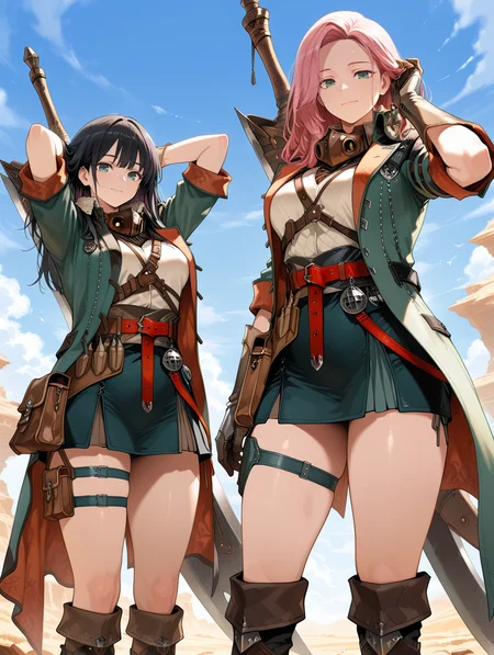 female hope armor,2girls,weapon on back,black hair,pink hair,green eyes,looking at viewer,standing,blue sky,closed mouth,brown mouth mask,green jacket,white shirt,brown gauntlets,green skirt,thigh strap,brown knee boots,red belt,brown pouch,huge_sword,adjusting hair,light smile,
masterpiece,best quality,amazing quality,very aesthetic,absurdres,newest,<lora:MHWilds hope armor illuXL v1:0.8>,