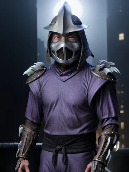 TMNTShredder 1man armored samurai knight with claw gauntlets, wearing a purple outfit with pauldrons and metal samurai helmet with mask, standing on a city rooftop at night, skyscrapers and rooftops and city lights and night sky in the background, photorealistic, cinematic, full body shot, <lora:90s_TMNT_Shredder_SDXL:1>