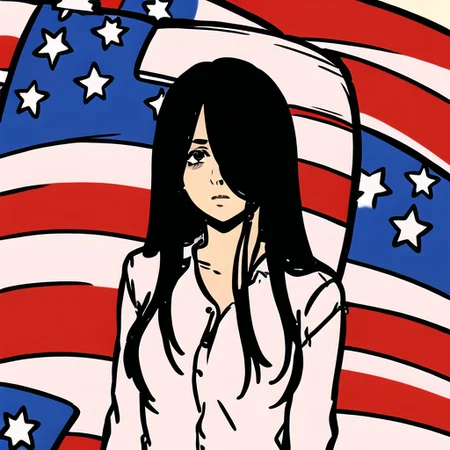 ((masterpiece)),(best quality), absurdres,sadako_yamamura,<lora:Sadakobest:0.8>, <lora:westernIllustration_offset:1>, american flag background,1girl,solo,