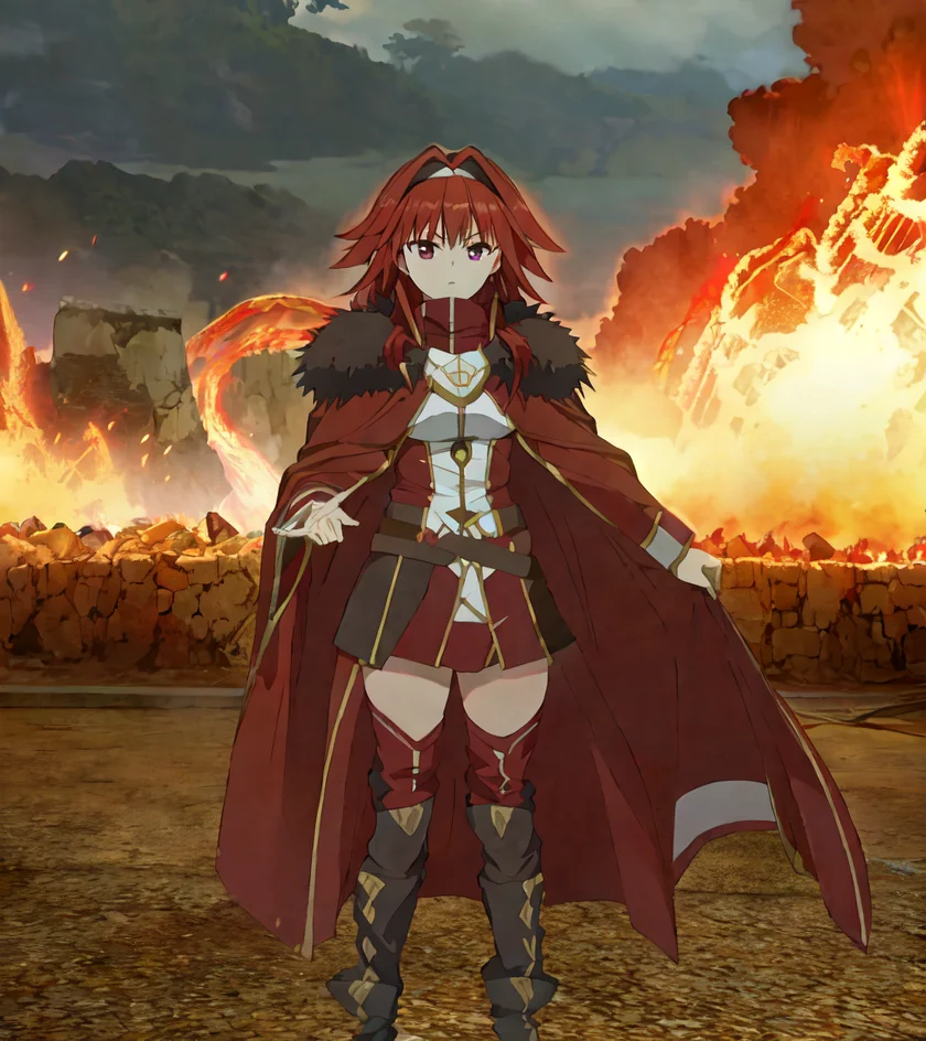 (BoMii),   1girl, solo,  best quality, beautiful lighting, outdoors,  cowboy shot, outdoors, looking at viewer, fire, explosion, hair band,
 depth of field, (extremely detailed CG unity 8k wallpaper), intricate, High Detail, full body
<lora:bofuri_extract_convP01_linearP04:1>