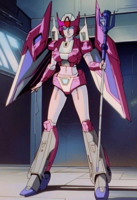 score_9, score_8_up, score_7_up, animation, transformers, 1girl, robot, Decepticon, Tall, slim, slim waist, sleek form, Seeker, Starscream glowing eyes, blue eyes, large eyes, circular eyes, white armour, forward long jet swept wings, transforms into futuristic Stealth Mig Fighter Jet, full body, cowboy shot, smiling, holding staff in right hand (small staff head), Decepticon Symbol (purple), head crown, body all magenta, bare breasts
<lora:StarScream1.2:1>