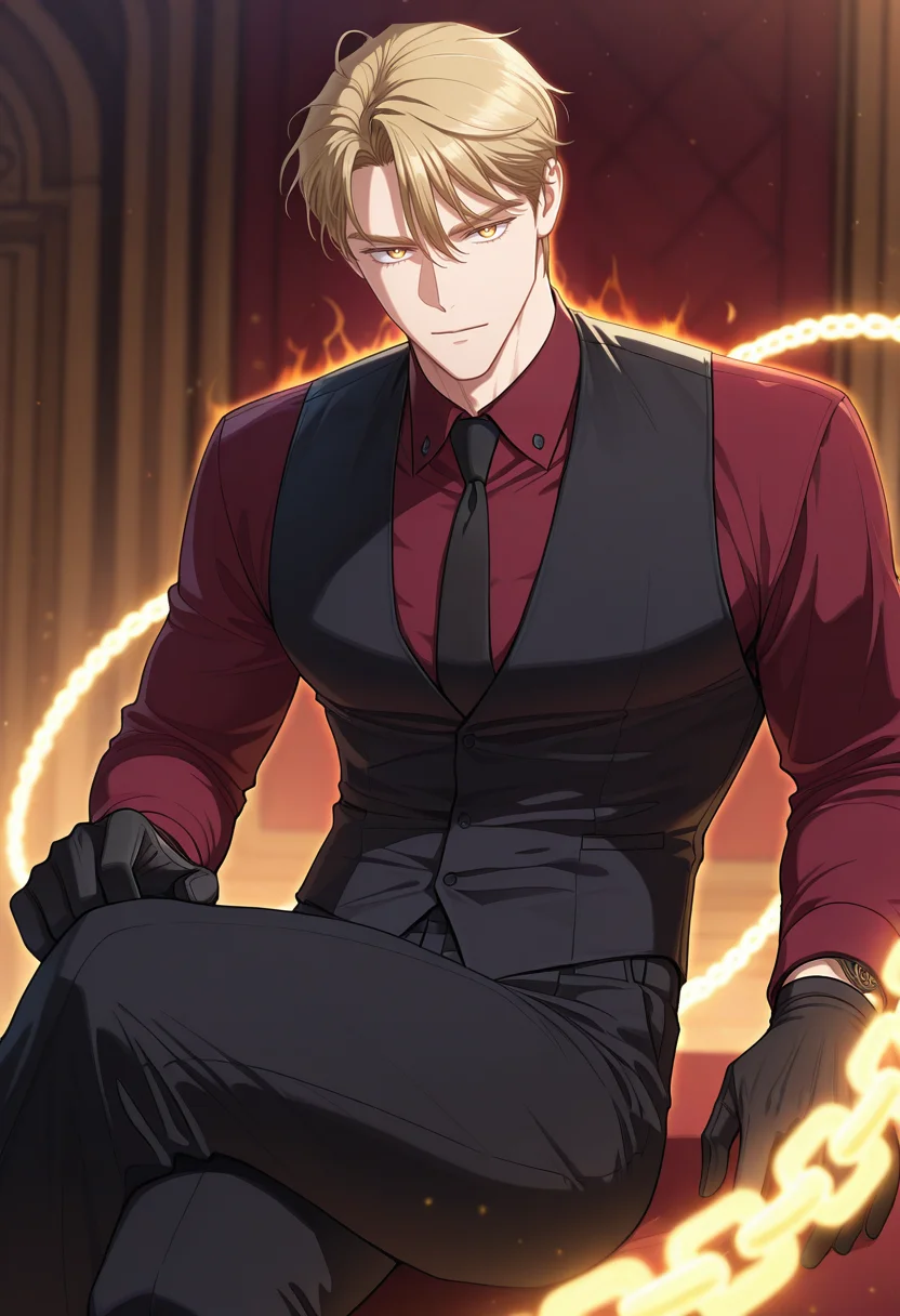 masterpiece, best quality, amazing quality,high resolution, intricate details,anime coloring,depth of field , , , 1boy, solo, male focus, <lora:sung_hyunjae:0.75>,sung hyunjae,golden eyes,bloden hair,hair down,short hair,looking at viewer, red shirt, gloves, long sleeves, sitting, necktie, black gloves, collared shirt, pants, black vest, feet out of frame,aura chain, black pants, formal, crossed legs, black necktie,
