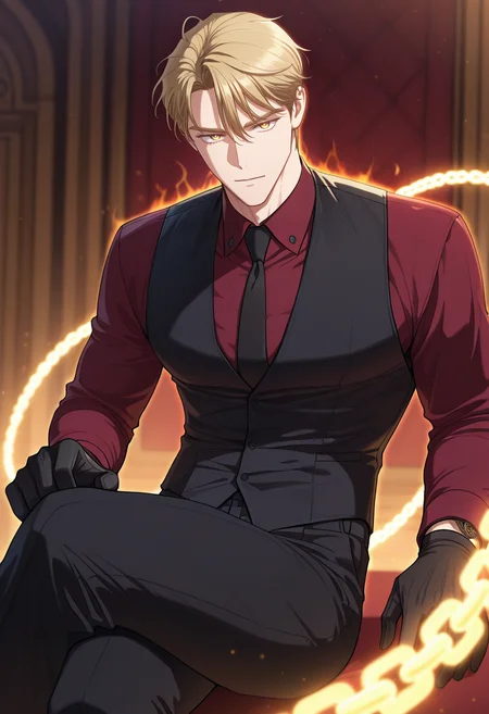 masterpiece, best quality, amazing quality,high resolution, intricate details,anime coloring,depth of field , , , 1boy, solo, male focus,  <lora:sung_hyunjae:0.75>,sung hyunjae,golden eyes,bloden hair,hair down,short hair,looking at viewer, red shirt, gloves, long sleeves, sitting, necktie, black gloves, collared shirt, pants, black vest, feet out of frame,aura chain, black pants, formal, crossed legs, black necktie,
