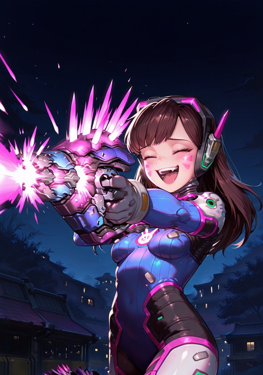 masterpiece, best quality, amazing quality, very aesthetic, absurdres, newest, laughing, d.va_\(overwatch\), 1girl, needler_\(weapon\), firing, solo, outdoors, night,<lora:needler_v2.safetensors:1.0:1.0>