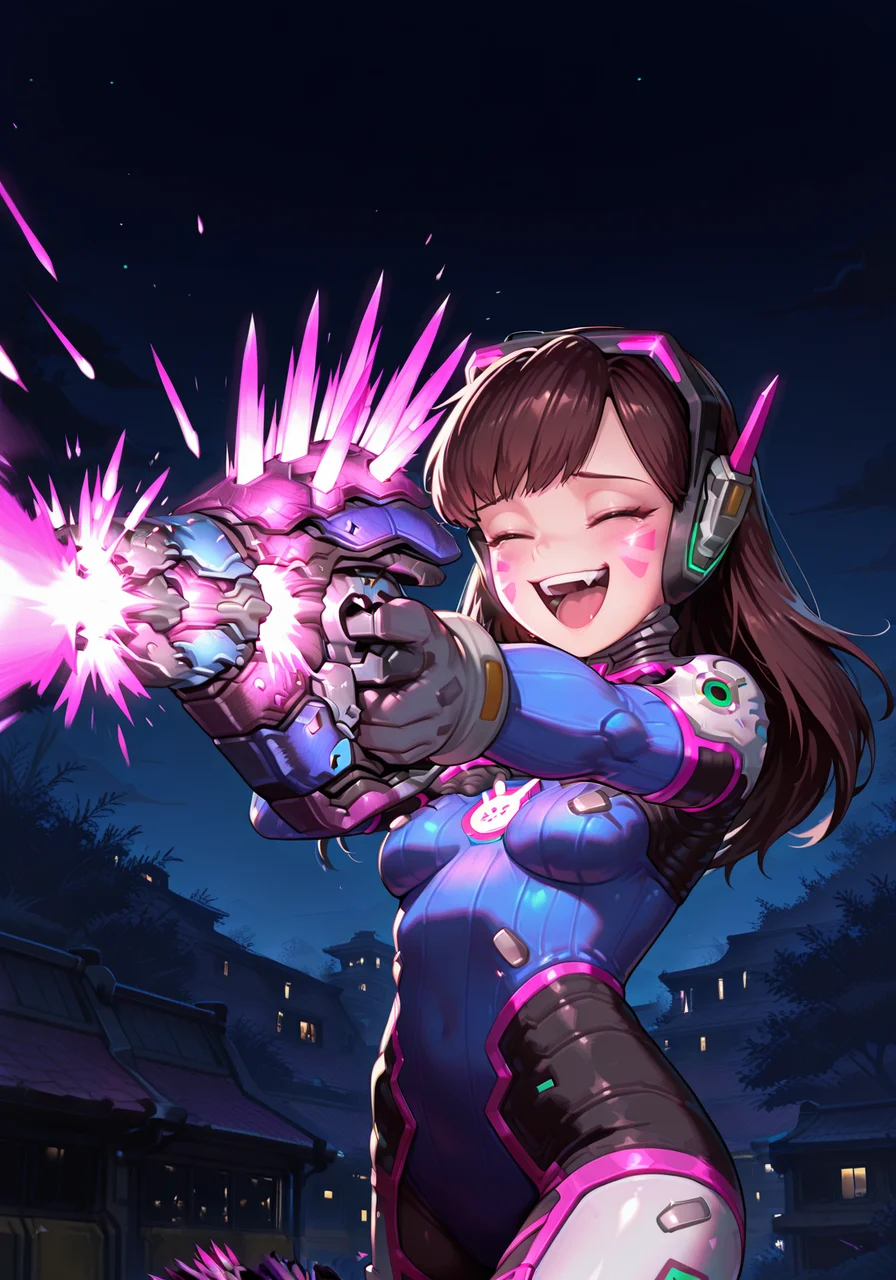 masterpiece, best quality, amazing quality, very aesthetic, absurdres, newest, laughing, d.va_\(overwatch\), 1girl, needler_\(weapon\), firing, solo, outdoors, night,<lora:needler_v2.safetensors:1.0:1.0>