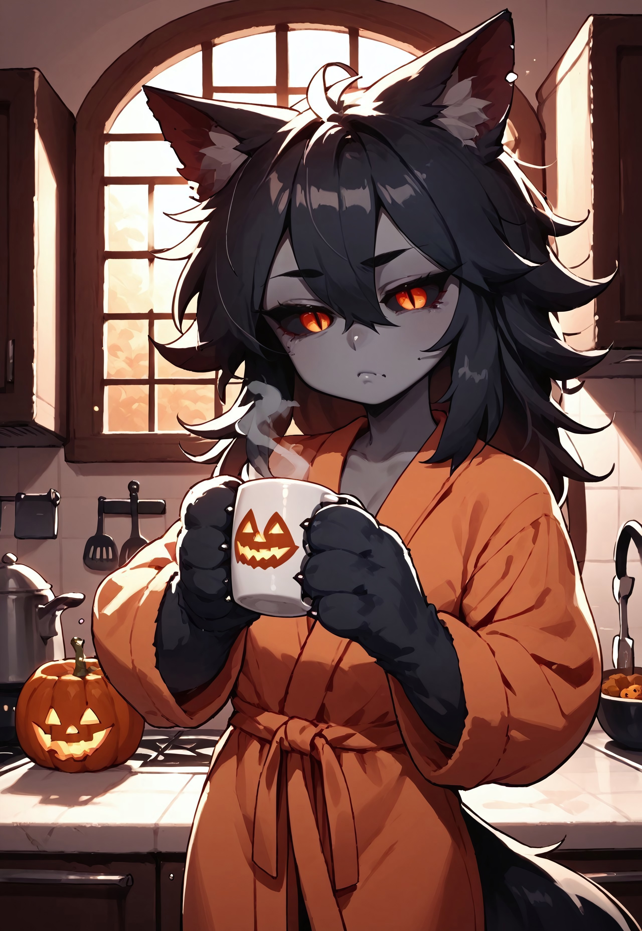 score_9, score_8_up, score_7_up, hellhound, Hellhound, monster girl, black sclera, slit pupils, animal hands, dark skin, grey skin, toned, red eyes, orange eyes, yellow eyes, black fur, short bathrobe, Halloween themed bathrobe, orange and purple bathrobe, tired expression, sleepy looking, sleepy, slightly irritated, in kitchen, kitchen, kitchen of house, holding cup of coffee, holding mug, holding cup, steam off of mug, morning time, sunrise outside window, intricate, intricate lighting, detailed lighting, solo, 1female, one female, halloween time, halloween