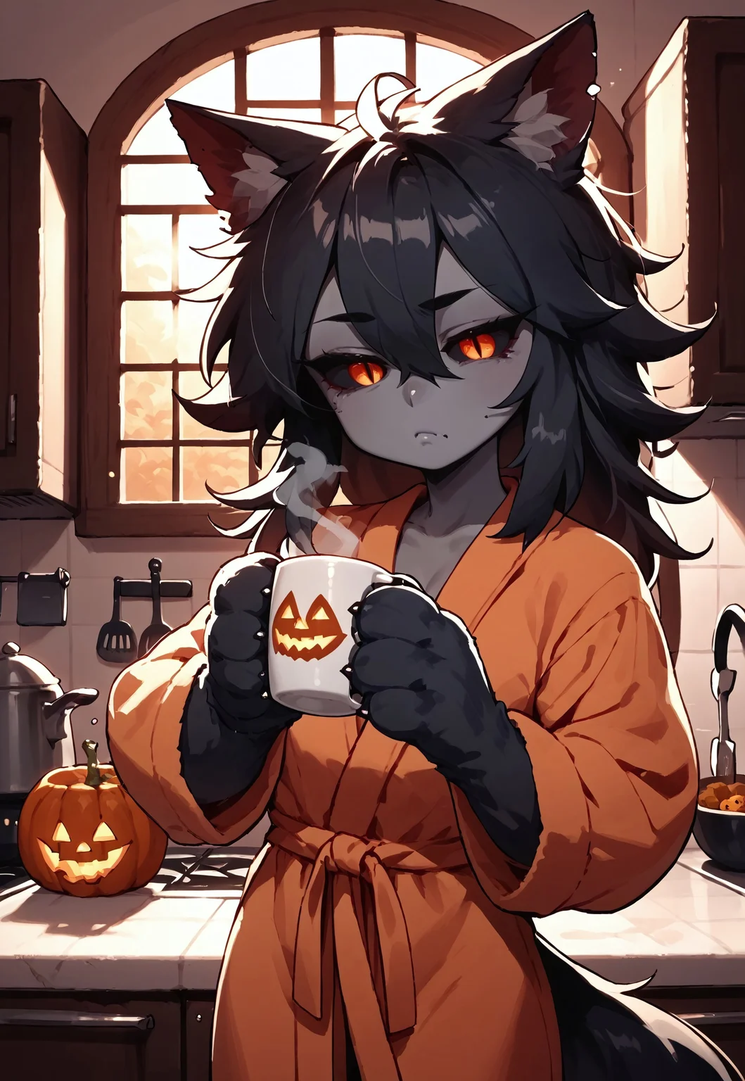 score_9, score_8_up, score_7_up, hellhound, Hellhound, monster girl, black sclera, slit pupils, animal hands, dark skin, grey skin, toned, red eyes, orange eyes, yellow eyes, black fur, short bathrobe, Halloween themed bathrobe, orange and purple bathrobe, tired expression, sleepy looking, sleepy, slightly irritated, in kitchen, kitchen, kitchen of house, holding cup of coffee, holding mug, holding cup, steam off of mug, morning time, sunrise outside window, intricate, intricate lighting, detailed lighting, solo, 1female, one female, halloween time, halloween