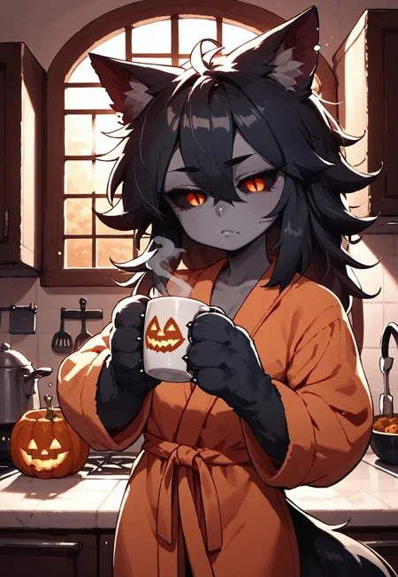 score_9, score_8_up, score_7_up, hellhound, Hellhound, monster girl, black sclera, slit pupils, animal hands, dark skin, grey skin, toned, red eyes, orange eyes, yellow eyes, black fur, short bathrobe, Halloween themed bathrobe, orange and purple bathrobe, tired expression, sleepy looking, sleepy, slightly irritated, in kitchen, kitchen, kitchen of house, holding cup of coffee, holding mug, holding cup, steam off of mug, morning time, sunrise outside window, intricate, intricate lighting, detailed lighting, solo, 1female, one female, halloween time, halloween
