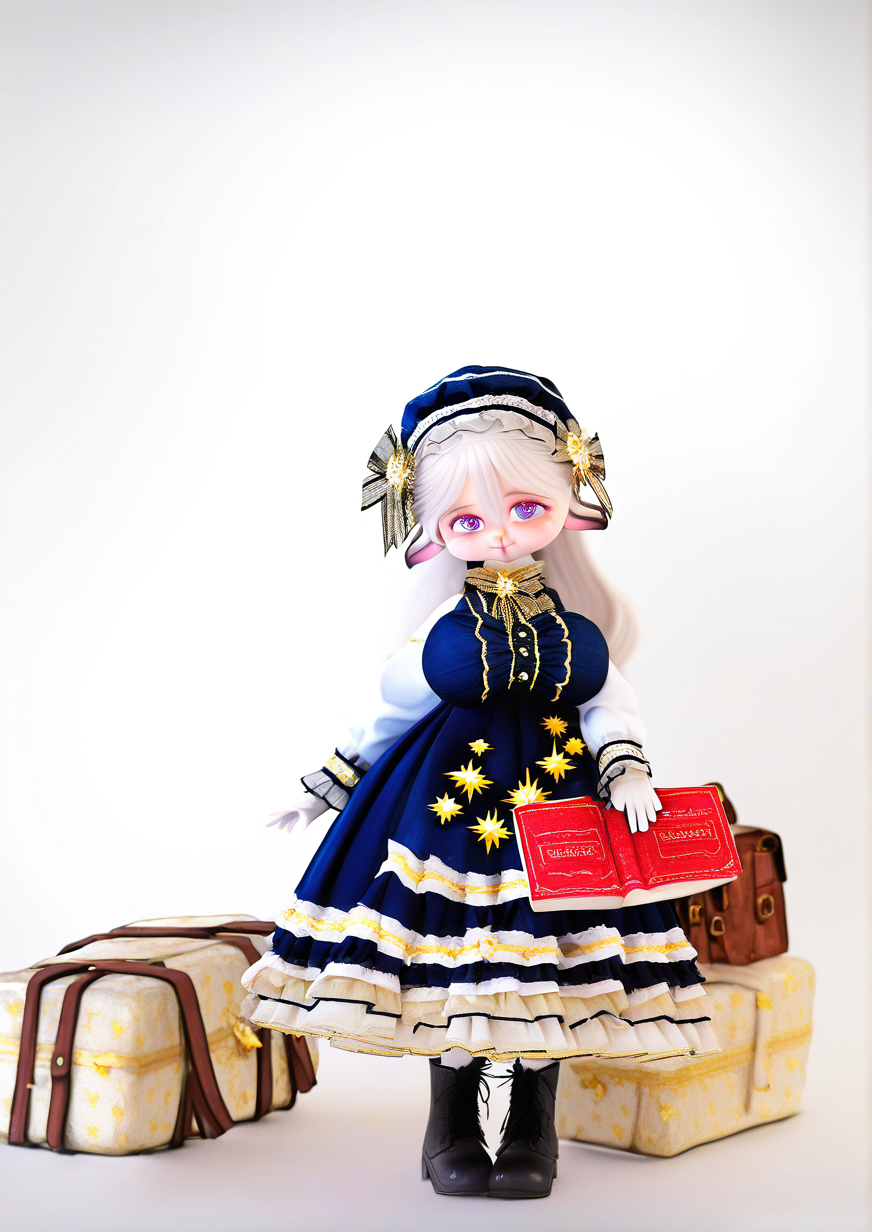 <lora:DOLL_ZONE_furry:1>,1girl, huge breasts, sheep girl, sheep ears, Ears Down, Happy(t), star (symbol), long hair, white hair, young girl, multicolored eyes, Tst dress,dark blue dress, boots, frills, bag, blush, book, comiket, holding, holding book, looking at viewer, plaid, school bag, smile, solo, standing