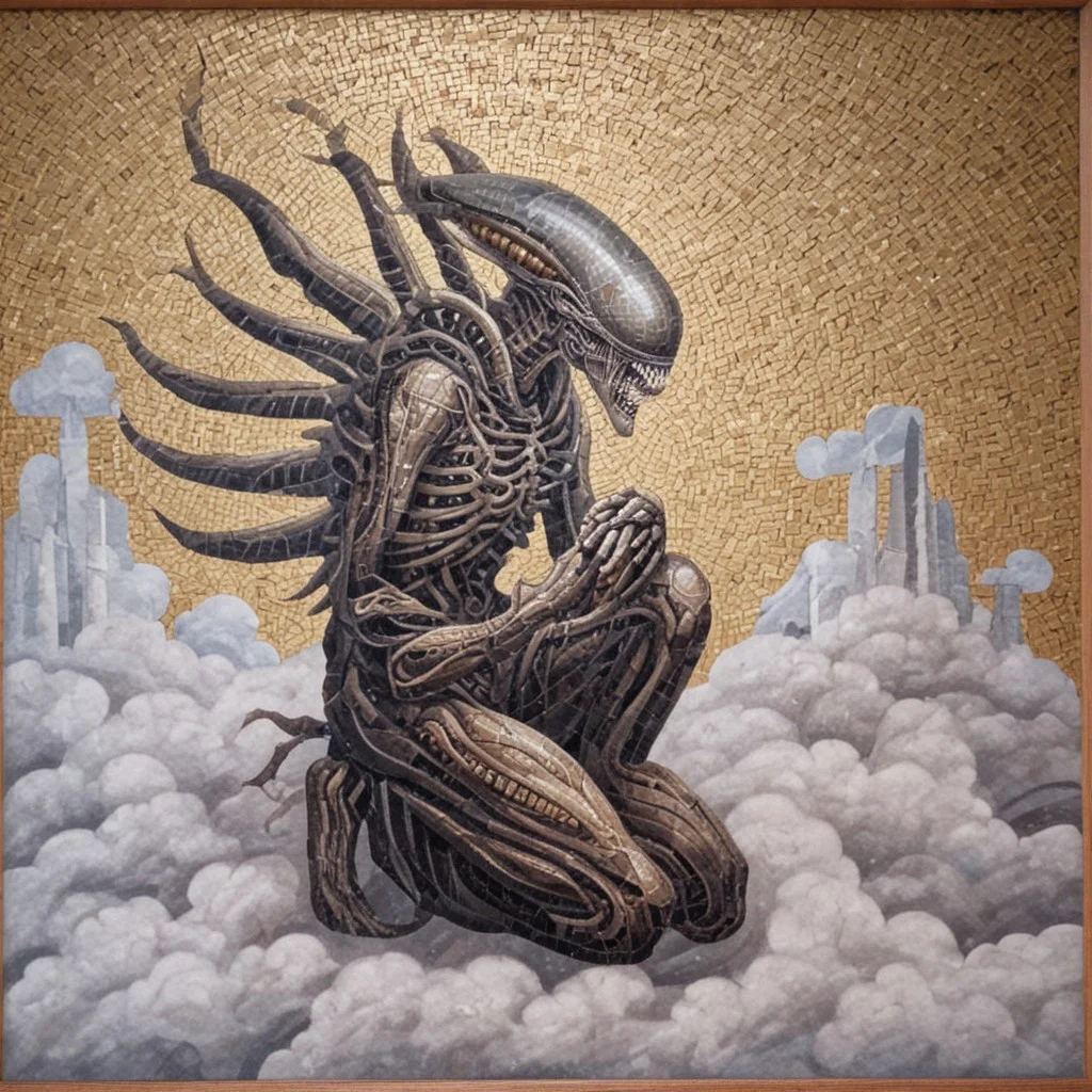 photograph, solo, xenomorph, saint, kneeling down in prayer, on clouds, medieval mosaic, renaissance style, religious mosaic,