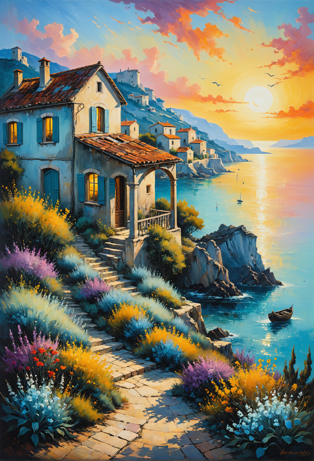 vintage, shabby, morning, dawn, cozy world, Kruskamp, Monge, Kincaid, Potter, Dali, Burton, oil, coal, provence, house by the sea, cozy and beautiful landscape, double composition, drama, tragedy, the core of magic<lora:xl_more_art-full_v1:0.3>