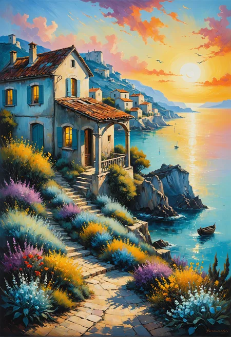 vintage, shabby, morning, dawn, cozy world, Kruskamp, Monge, Kincaid, Potter, Dali, Burton, oil, coal, provence, house by the sea, cozy and beautiful landscape, double composition, drama, tragedy, the core of magic<lora:xl_more_art-full_v1:0.3>
