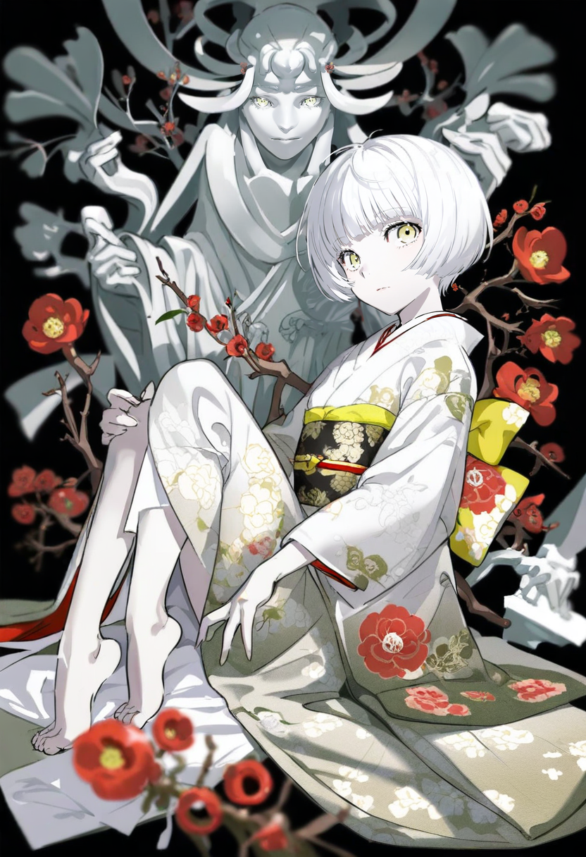 <lora:yoneyamaiXL_il_lokr_V53P1:0.95> japanese clothes, solo, looking at viewer, statue, 1girl, sitting, white eyes, kimono, floral print, flower, white hair, knees up, pale skin, barefoot, yellow eyes, branch, black background, short hair, red flower, closed mouth