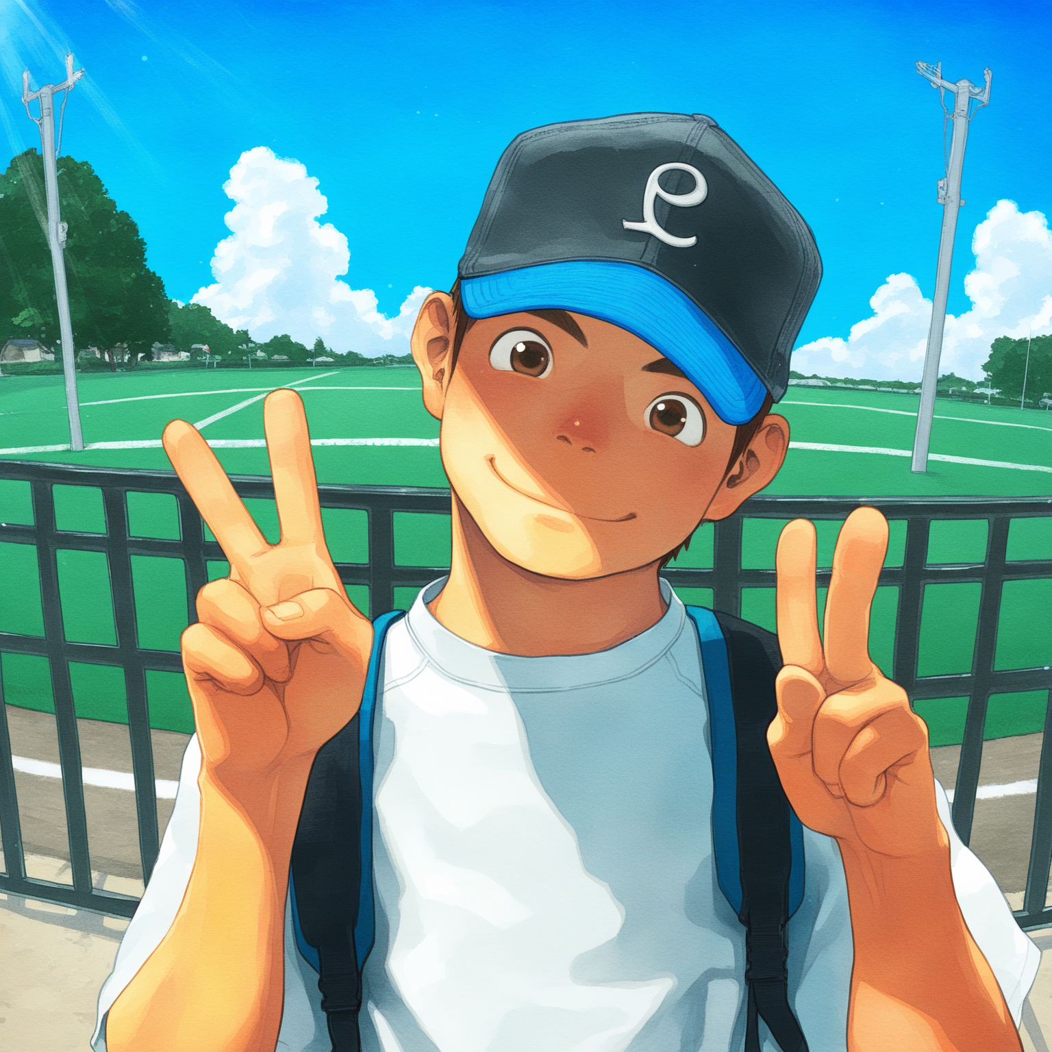 best quality, good quality, shounenzoom-style, 2010s, watercolor, outdoors, sunlight, fisheye, upper body, 1boy, solo, brown eyes, smile, baseball cap, white shirt, backpack, head tilt, peace sign <lora:shounen_zoom-naixl_vpred-v7Nd-ShoAI:1>