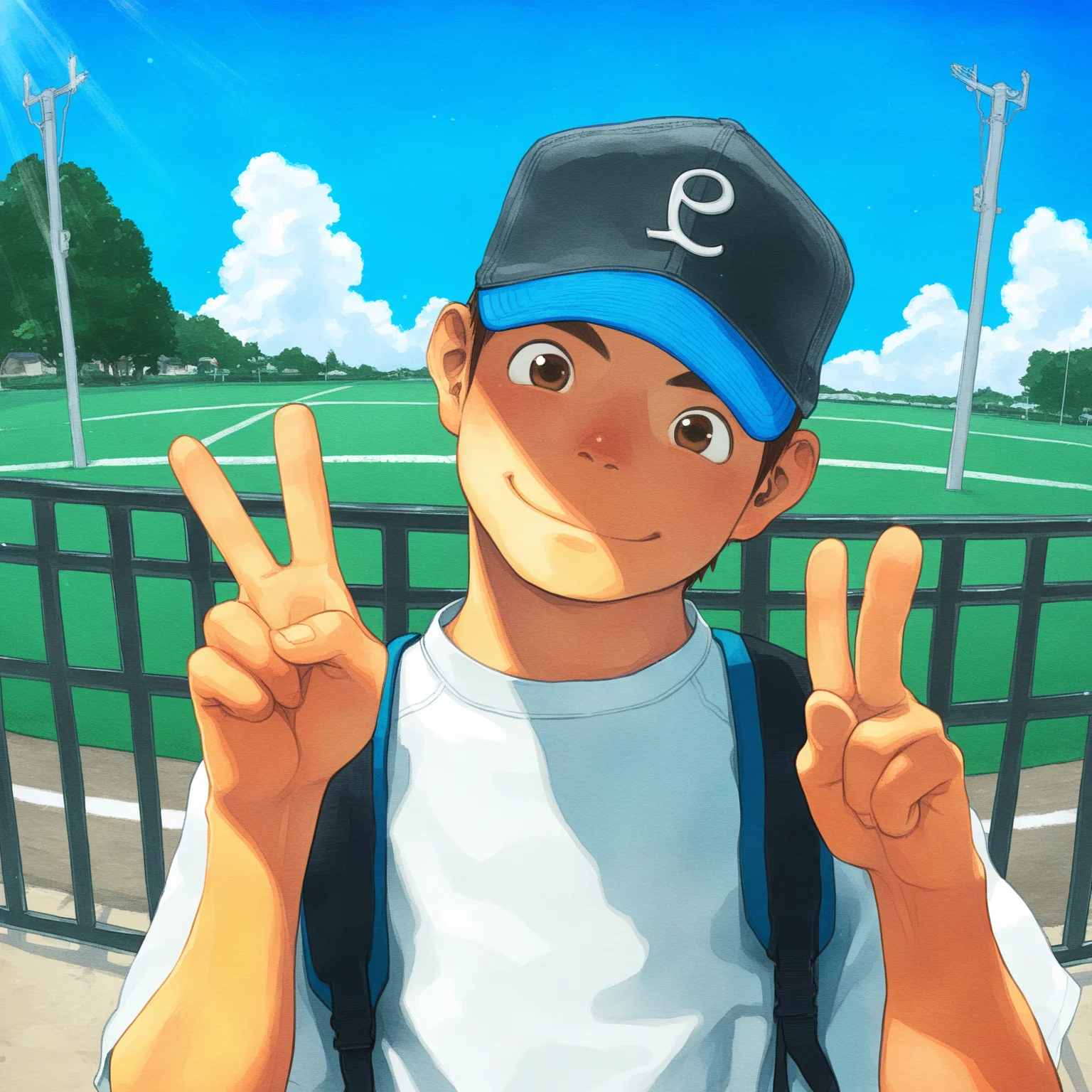best quality, good quality, shounenzoom-style, 2010s, watercolor, outdoors, sunlight, fisheye, upper body, 1boy, solo, brown eyes, smile, baseball cap, white shirt, backpack, head tilt, peace sign <lora:shounen_zoom-naixl_vpred-v7Nd-ShoAI:1>