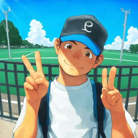 best quality, good quality, shounenzoom-style, 2010s, watercolor, outdoors, sunlight, fisheye, upper body, 1boy, solo, brown eyes, smile, baseball cap, white shirt, backpack, head tilt, peace sign <lora:shounen_zoom-naixl_vpred-v7Nd-ShoAI:1>