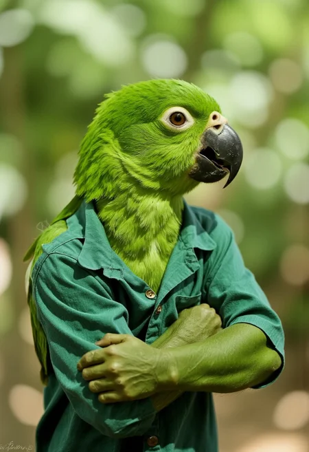 A confident parrot [perched firmly on a branch | with its human arms crossed], looking into the distance with a calm demeanor. Its (bright green feathers) shimmer against the soft, blurred jungle background. The parrot's human-like posture [adds a surreal and humorous twist | suggesting a personality much larger than life]. The contrast between the parrot's natural body and the unexpected human arms creates [a striking, comedic effect | evoking both surprise and amusement]. The subtle (lighting and shadow) enhance the detailed textures of both its feathers and the (fabric of its green shirt), giving the scene an odd yet captivating realism.