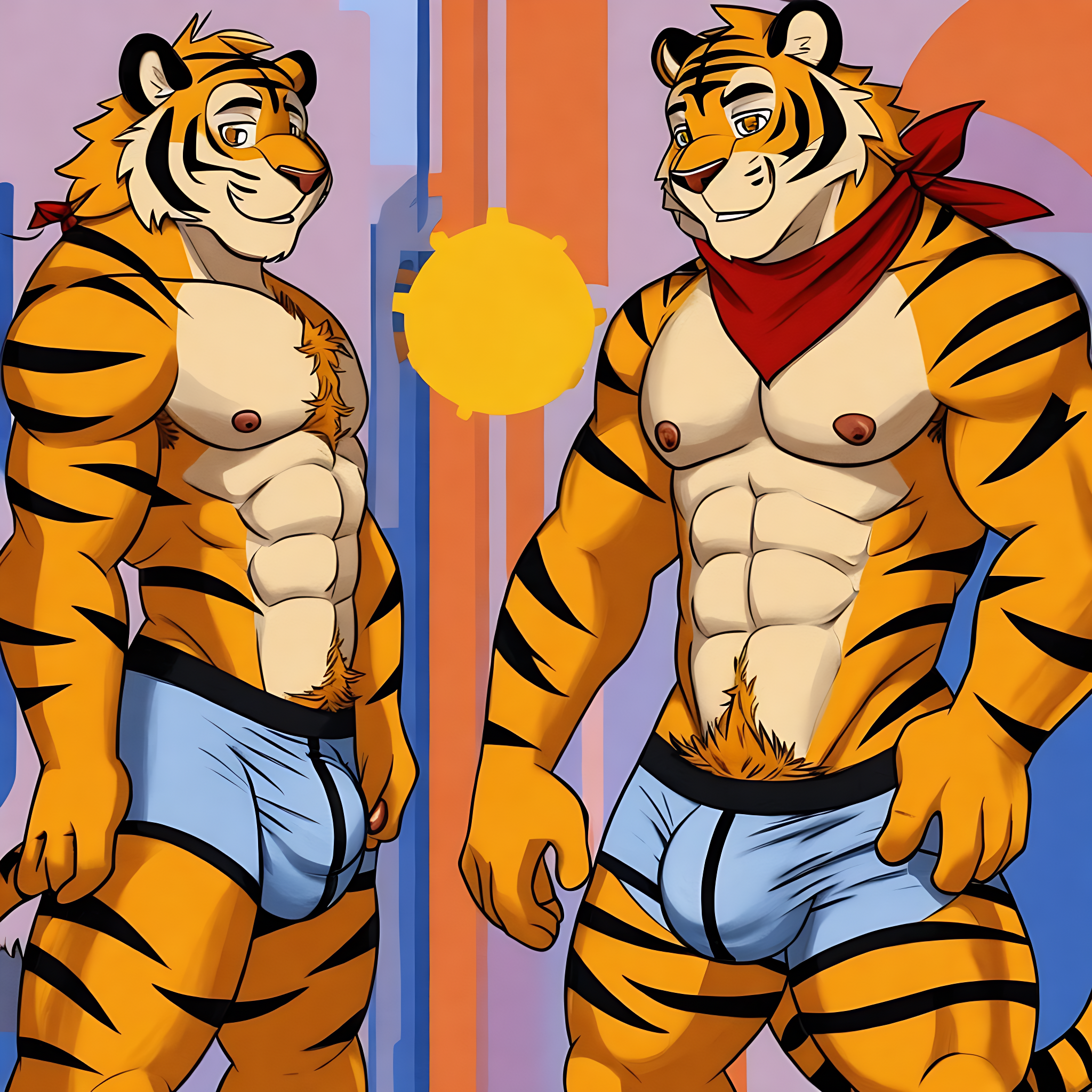 cartoon style, cartoon, anthropomorphic, male, tiger, black pupils, yellow eyes, blue tiger nose, muscular, bara, sexy pose, long lion tail, boxers, bulge in boxers, large penis, grinning