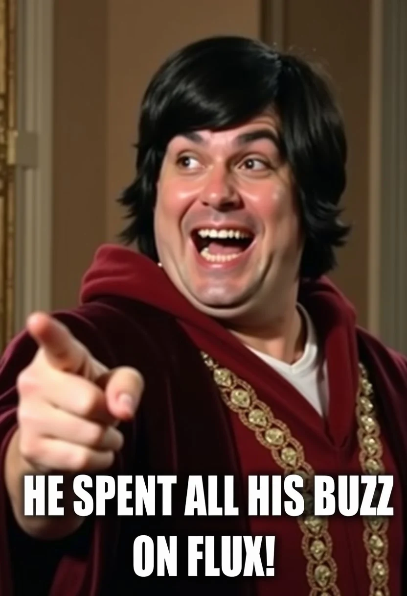a meme picture of Lord Farquad pointing and laughing, with the caption "HE SPENT ALL HIS BUZZ ON FLUX!" written with big white letters at the bottom.