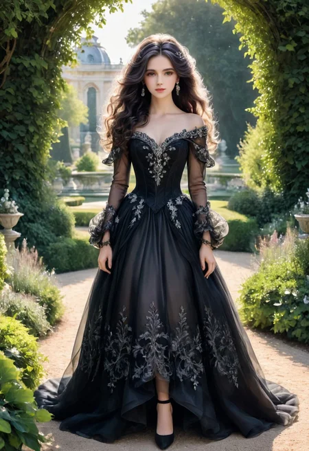 beautiful luxurious woman in the Rococo style in a full-length black dress, organza, onyx with diamonds, the woman has soft powdery hair, free pose, in the garden, Versailles, perfect balance of light and shadow, gouache+ink+fine line drawing, extremely detailed, best quality, (Masterpiece: 1.5), (best quality: 1.5).