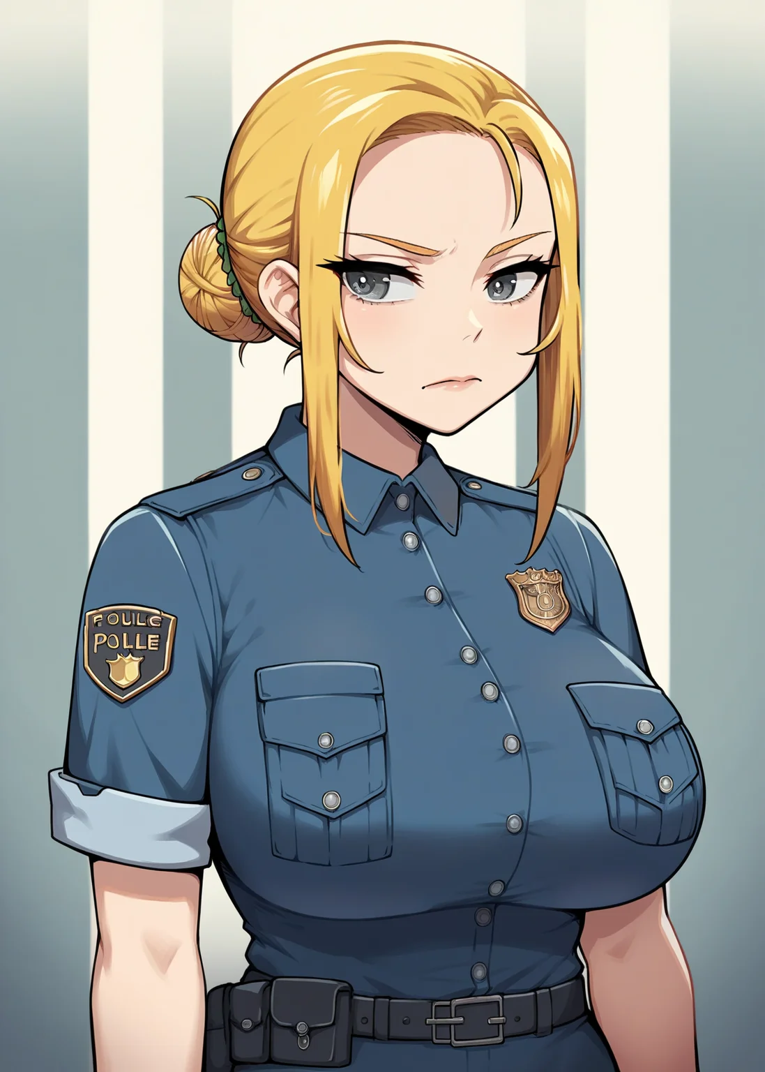score_9, score_8_up, score_7_up, 1girl, scarlett_sol, blonde hair, long hair, grey eyes, large breasts, hair bun, policewoman, police uniform, closed_mouth <lora:Scarlett:0.8>