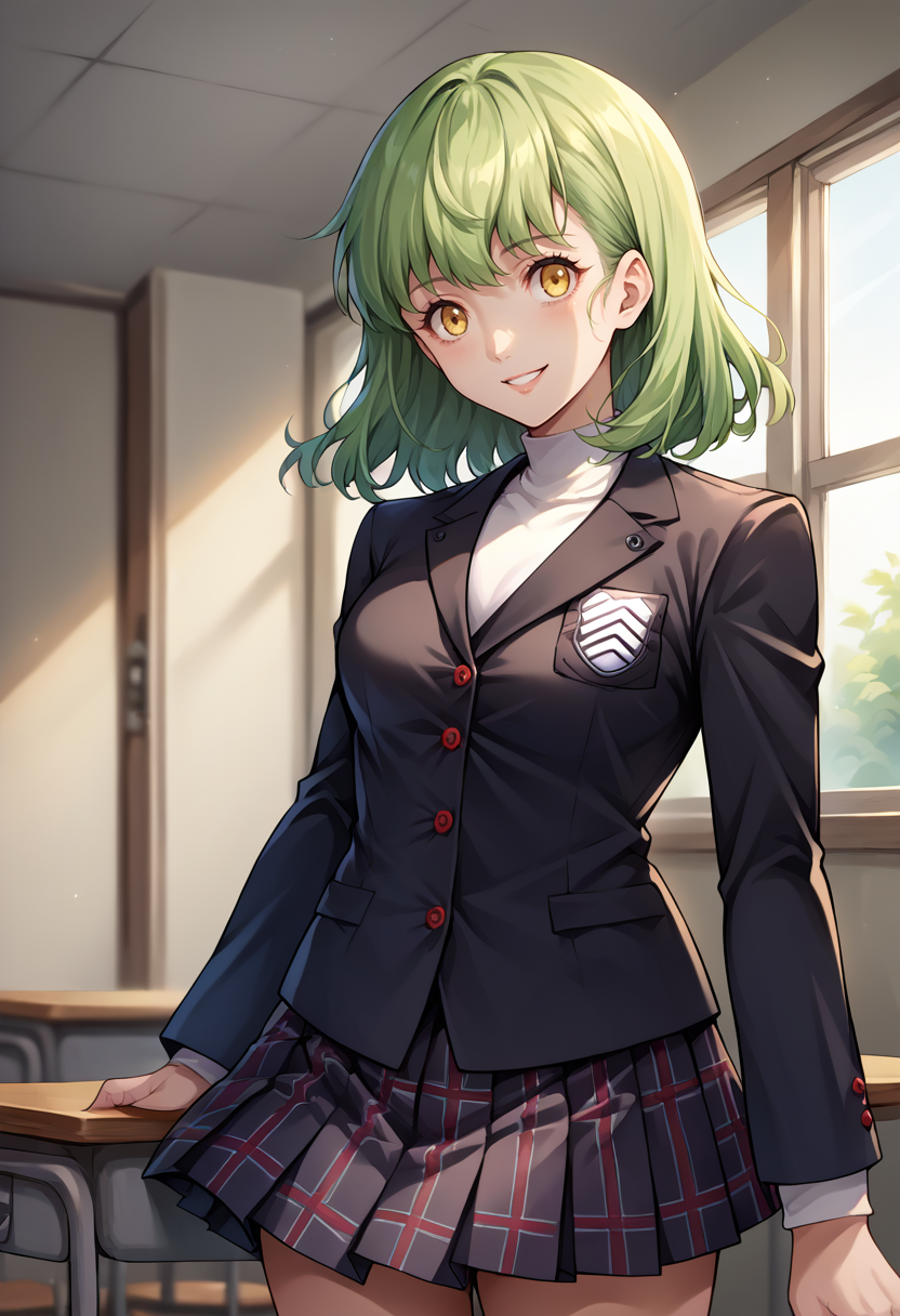 score_9, score_8_up, source_anime, 1girl, solo, green hair, medium hair, yellow eyes, medium breasts, GirlUniform, shuujin academy school uniform, black jacket, plaid skirt, smile, indoors, <lora:ChamShuujinAcademyUniformPonyXL:1>