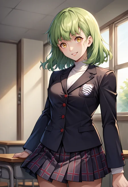 score_9, score_8_up, source_anime, 1girl, solo, green hair, medium hair, yellow eyes, medium breasts, GirlUniform, shuujin academy school uniform, black jacket, plaid skirt, smile, indoors, <lora:ChamShuujinAcademyUniformPonyXL:1>