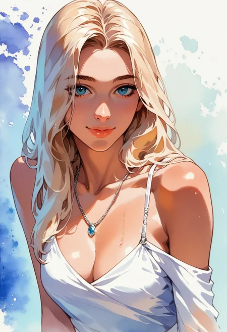score_9, score_8_up, score_7_up, score_6_up, source_cartoon, 1girl, female, solo, femenine, petite, lean, pale skin,, soaking wet hair, smile, diaphonous white dress, bronze necklace, medium breasts, female focus, official style, close up, perfect anatomy, perfect face, standing,  abstract beauty, beautiful, centered, looking at the camera, approaching perfection, dynamic, moonlight, highly detailed, watercolor painting, artstation, concept art, smooth, sharp focus, illustration, portrait