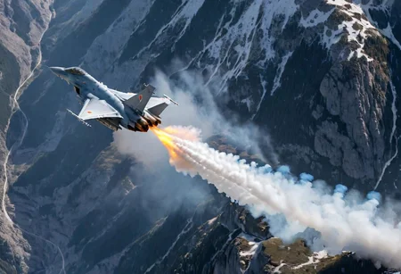 (Pilots flying the Euro Fighter jets between mountains), (displaying the low level flying capabilities of the Euro Fighter jets), hitting amazing speeds as the tilt and wind through the valleys and canyons, (view from side of euro fighter jets), (launching missiles with a stream of white vapors with flames), (a true display of military might power), (motion scenes), (pain staking attention to fine details of the jets) ,4k, surreal, (epic photography),