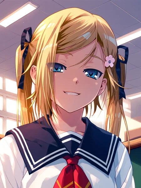 <lora:happy_tentacle-mafuyu-v0.2-000030:1>, ht_mafuyu, blonde hair, hairclip, school uniform, classroom, school yard , 1girl, solo, upper body , half-closed eyes , (happy :1.1), , looking down , standing , facing viewer , score_9, score_8_up, score_7_up, score_6_up, score_5_up, score_4_up