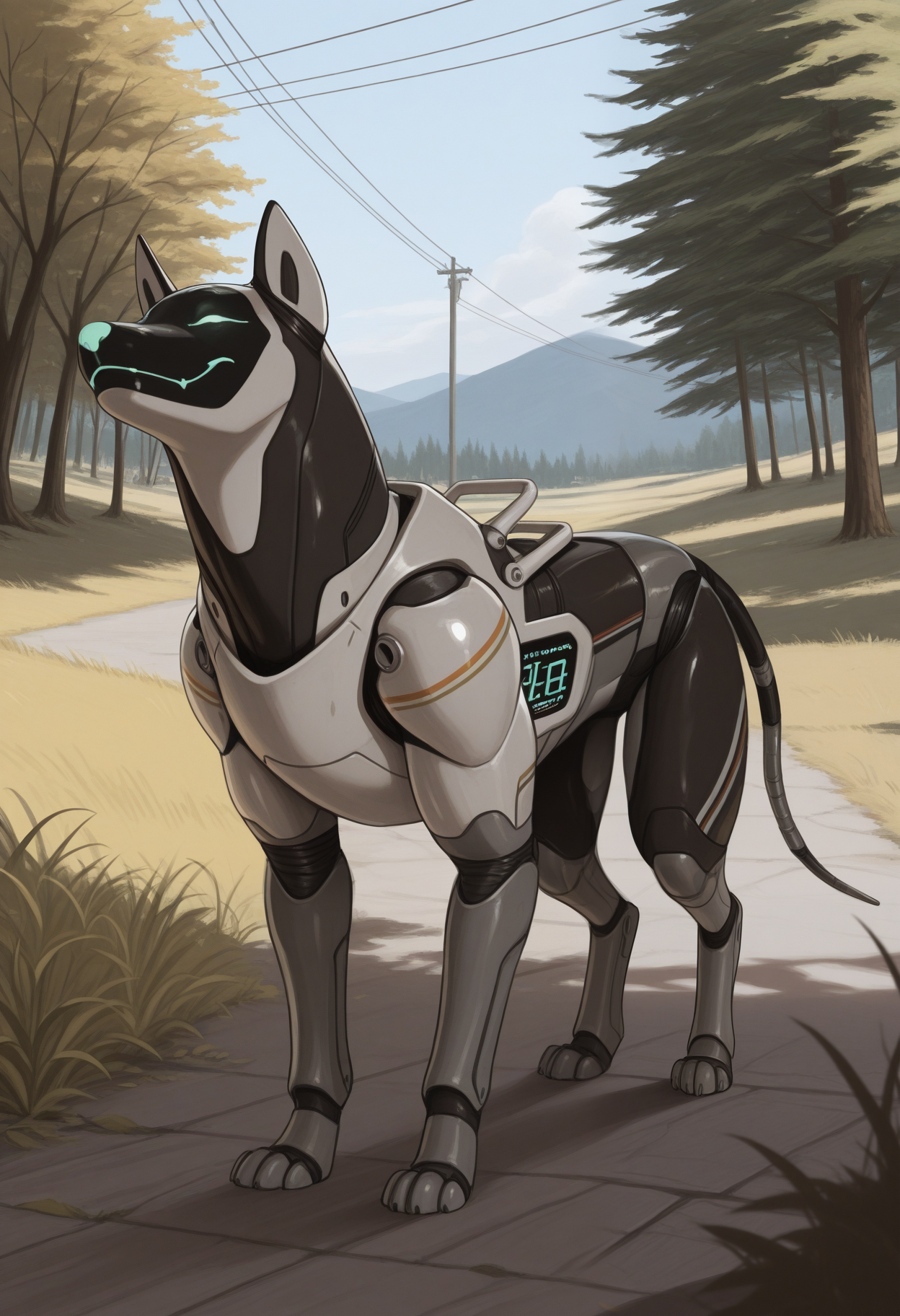 masterpiece,best quality,amazing quality, 1boy, solo, 4rchi3, robot dog, mechanical tail, outdoors,